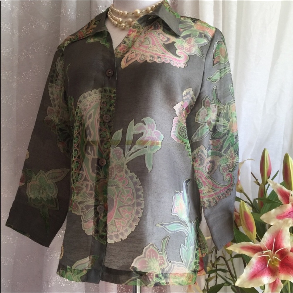 Bamboo Traders  floral top sheer career blouse